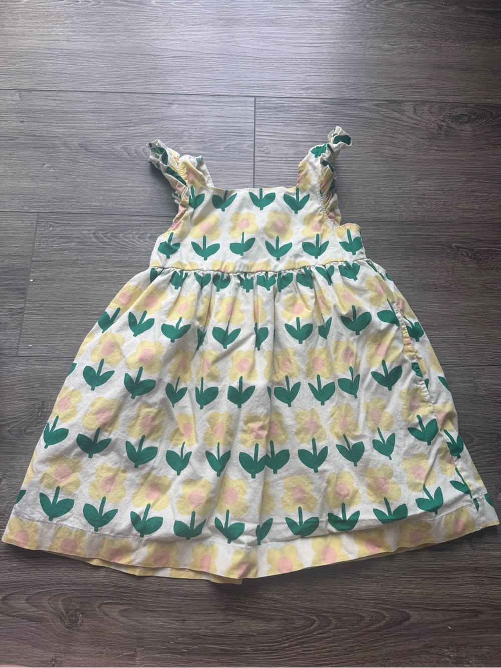 Hanna Andersson Girls Size 4 Yellow Floral Ruffle Sleeve Dress Pockets
